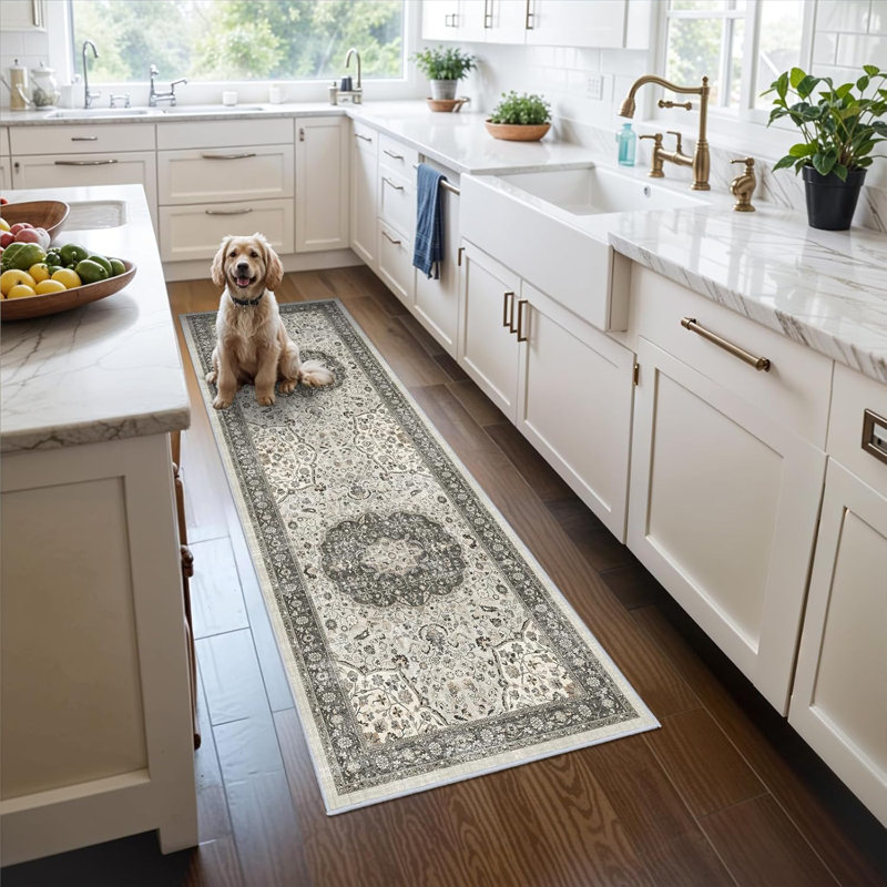 Washable Entryway Area Rug: Vintage Soft Thin Door Mat with Non Slip Backing Water Resistant Carpet for Bedroom Low Pile Floor Mat for Kitchen Bathroom Laundry Easy Clean Rug for Family(Grey)