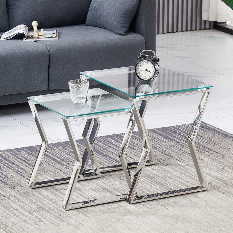 Taoussi 2 - Pieces Luxury Golden Stainless Steel Nesting Tables with Tempered Glass, Silver Base & Clear Top