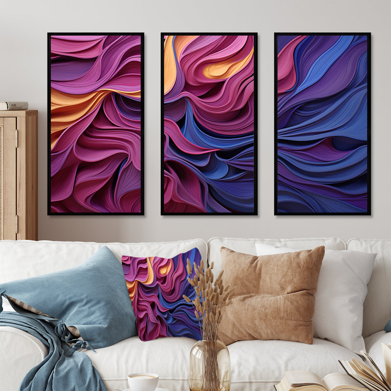 Art mural géométrique bleu et mauve, H 28 po x l 36 po x P 1 po, Cadre flottant noir