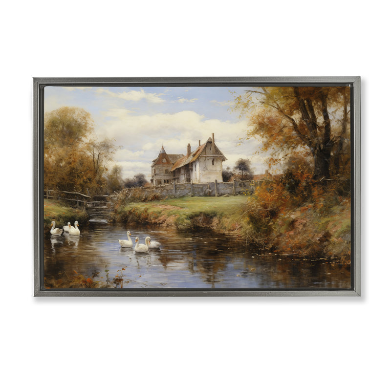«Ducks in Cottage River», toile flottante encadrée par Petal Prints Design, Cadre flottant gris lustré, H 21 po x l 31 po