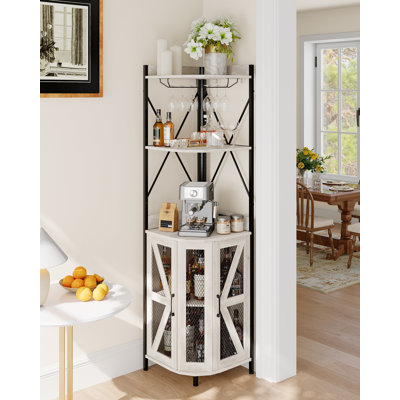 4-Tier Corner Wine Rack & Bar Cabinet with LED Lighting, Built-in Power Outlet, Glass Holder, Mesh Door - Collapsible Freestanding Wine Storage for Living Room, Kitchen, Small Spaces-Gray