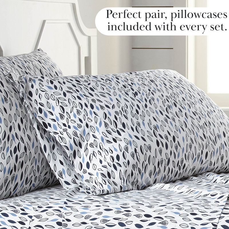 Southshore Fine Linens Botanical Leaves Sheet Set in White and Blue, 100 GSM Double-Brushed Microfiber Botanical Print with 14-Inch Deep Pocket, 1 Flat Sheet, 1 Fitted Sheet and 1 Pillowcase, Twin