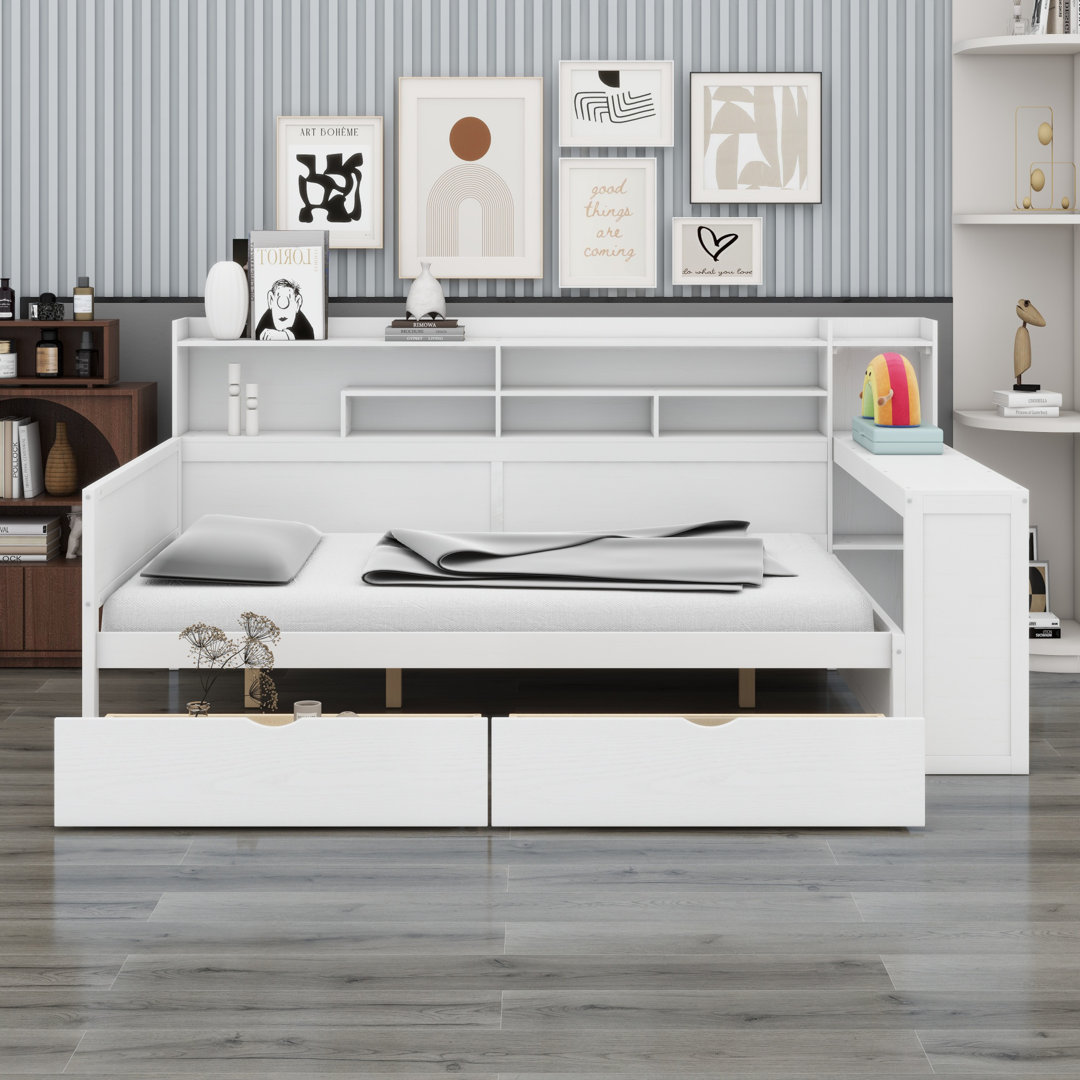 Daybed With Storage Shelves, Multi-Functional Bed With Two Storage Drawers And Study Desk Lark Manor™