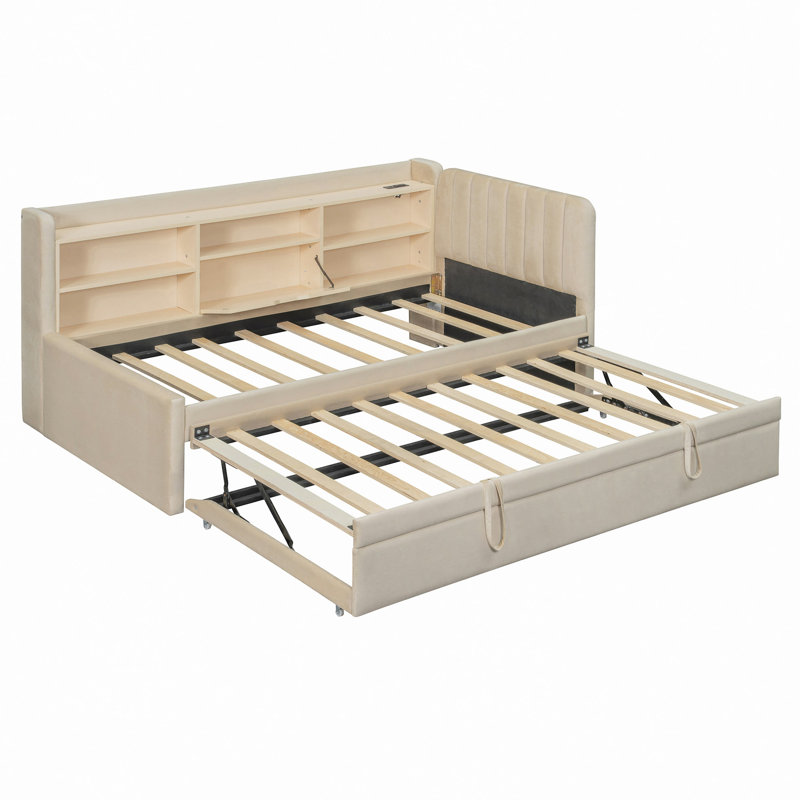 Upholstered Corner Daybed With Trundle, Bookcase And Outlets, Beige