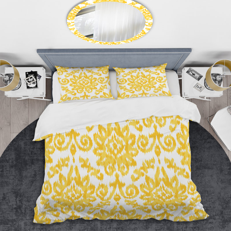 Yellow Ikat Ogee - Ensemble de housse de couette abstrait - Microfibre de polyester