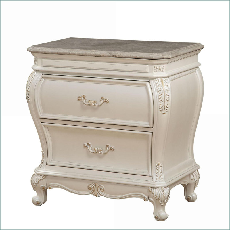 Table de chevet 2 tiroirs Pearl White avec pieds Queen Anne
