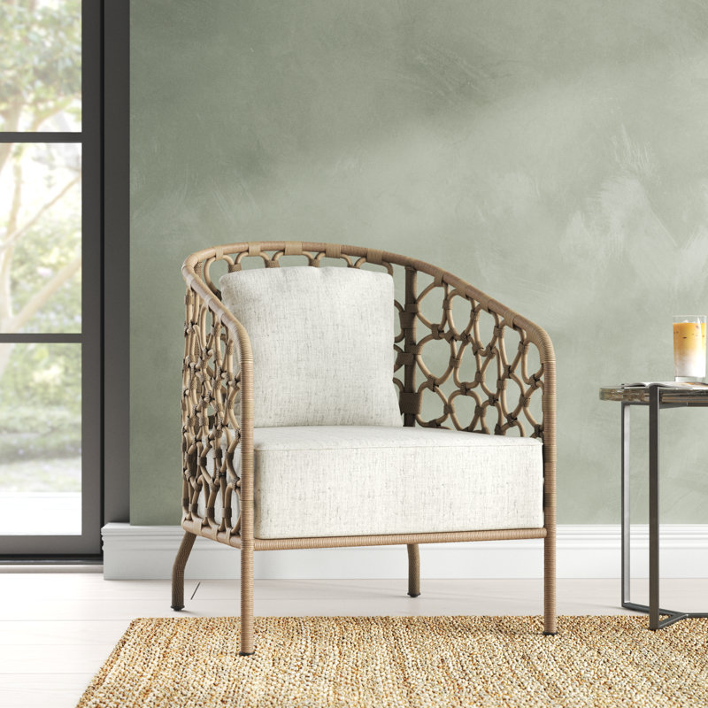 Beige and Natural Wicker Barrel Chair with Metal Frame