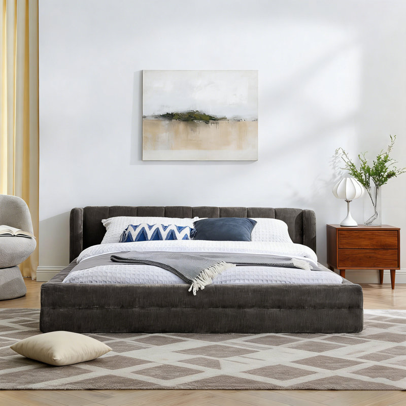 Queen Upholstered Bed Frame With Headboard, Thick Chenille Fabric & Solid Frame, Beige, Brown