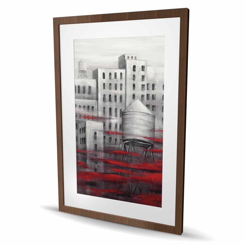 Gris ville avec nuages rouges - reproduction encadrée avec passe-partout | Décoration intérieure
