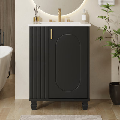 Meuble-lavabo 24 po avec lavabo, tablette d'armoire, rangement latéral ouvert, bois massif, fermeture en douceur