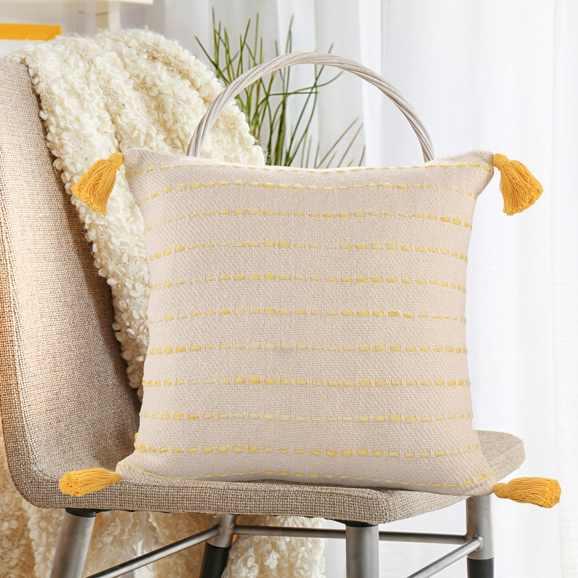 Hainsly Striped Cotton Throw Pillow, Pillow Cover Only - No Insert, Gold Yellow/Natural