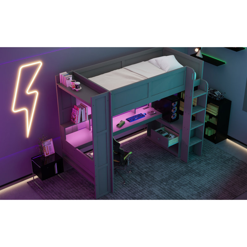 Wood Twin Loft Bed With Desk, Multi Shelves, Led, Charging - Dark Gray Size Gaming In Storage Led &
