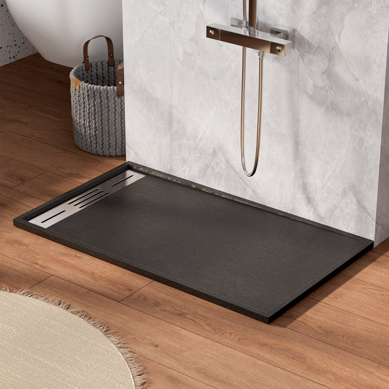 59/60＂W X 36＂D Smc Solid Surface Shower Pan Base With Drain Cover, Non-Slip, Low-Profile, Curbless, Wheelchair Accessible