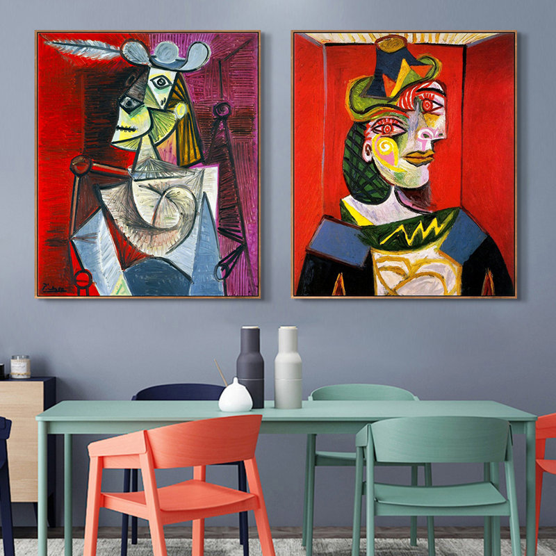 Ensemble de 2 toiles encadrées par Pablo Picasso Wall Art Series # 3 Living Office Home Decorations, Cadre mince couleur bois