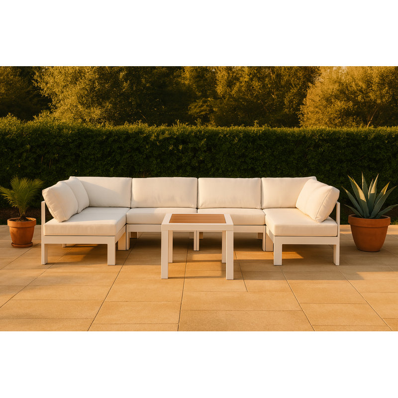 Canapé modulaire d'extérieur en forme de U avec coussins Brith, Blanc, Blanc