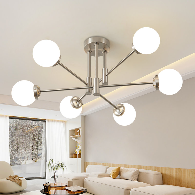 Tameya Sputnik Modern Linear Chandelier With Milky White Glass Shade, Nickel
