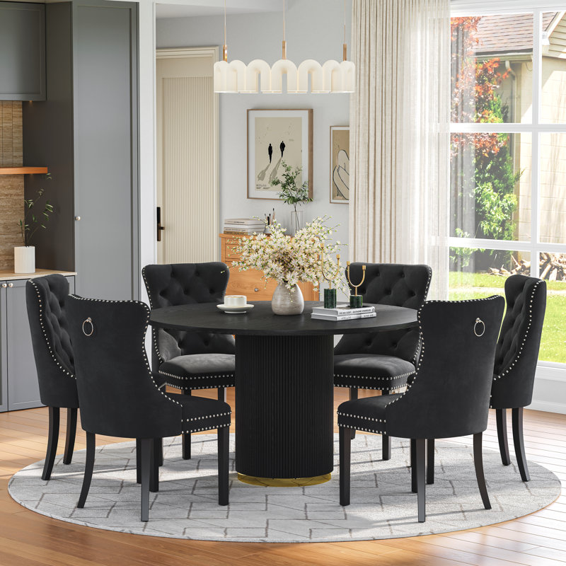 Modern Round Dining Table Set With Velvet Upholstered Chairs — Contemporary Dining Furniture, 5 Pieces: Table, 4 Chairs