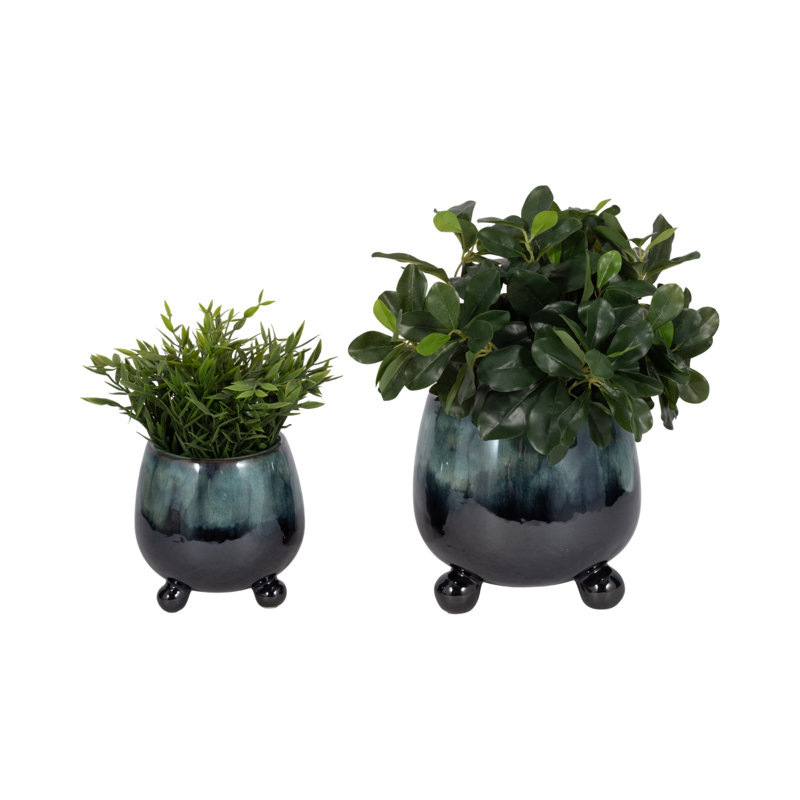 Ereka Stoneware and Ceramic Footed Round Planters with Triple Ball Base Design Set of 2, Blue