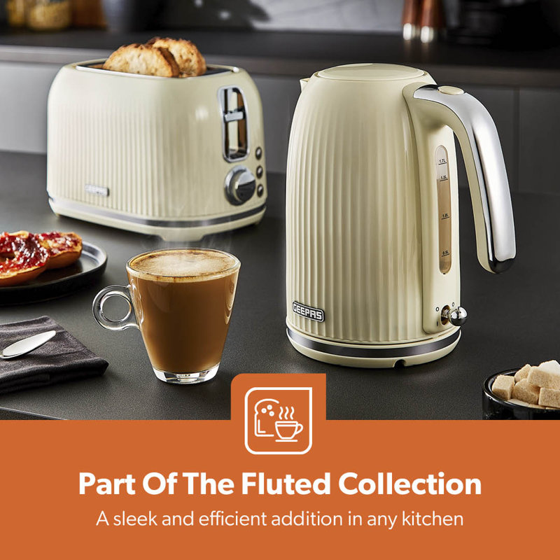 GEEPAS Fluted 1.7L Kettle & 2 Slice Toaster Kitchen Combo Set | 3000W Rapid Boil Cordless Kettle Auto Shut-Off | 1750W Toastie Machine 6 Browning Level Removable Crumb Tray Cord Storage