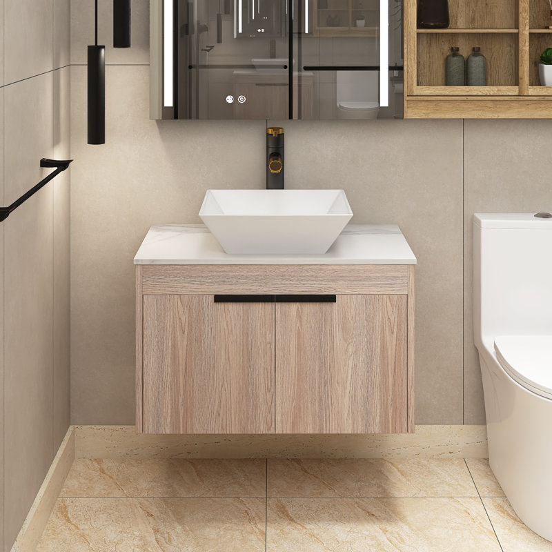 Meuble-lavabo simple 30 po avec lavabo en céramique et plateau en pierre blanche Roniah