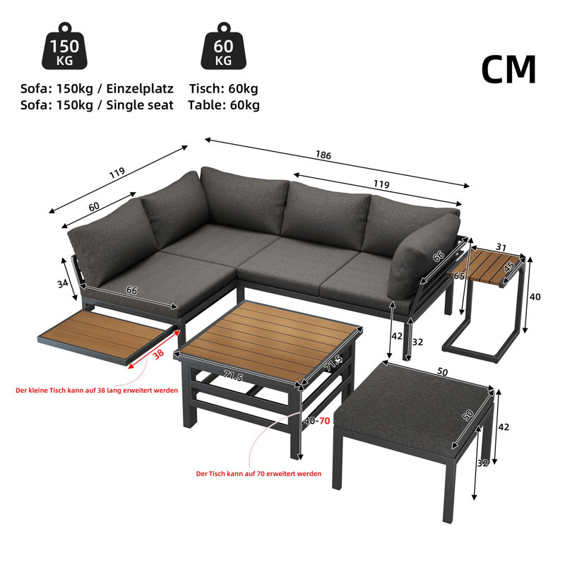 Outdoor Patio Sofa Set with 2 Double Sofas & Ottoman, Lift-Top Plastic-Wood Coffee Table, Extendable Side Table & Galvanized Iron Frame with Full Cushions