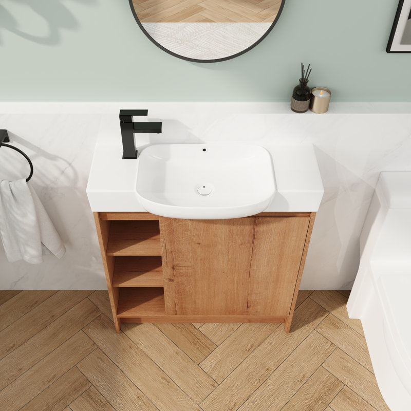Armoire de meuble-lavabo autoportante 30 po - Lavabo en céramique et fermeture en douceur, Chêne