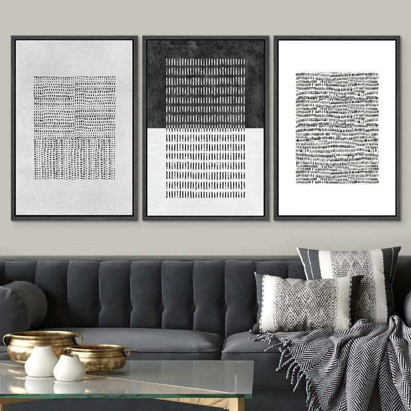 «Geometric Block Abstract Shapes Cozy Neutral», reproduction sur toile 3 pièces, H 36 po x l 24 po x P 1,5 po, Cadre noir