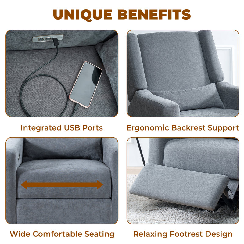 Cutlor Luxury Power Motion Recliner  Swivel Glider, Upholstered Reclining Sofa Chair with Lumbar Support, Gray Linen