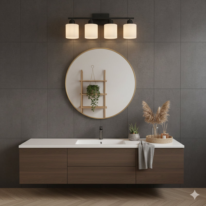 A Black Four-Light Vanity Fixture For Placement Above Mirrors. This Modern Wall Sconce Features Milky White Frosted Glass Shades And Uses E26 Sockets (Bulbs Are Not Included).