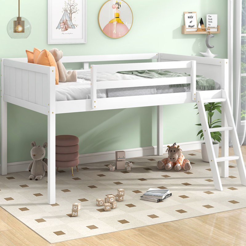 Lit mezzanine simple en bois blanc avec plateforme de taille mobile - Assemblage facile, Lit simple, Blanc