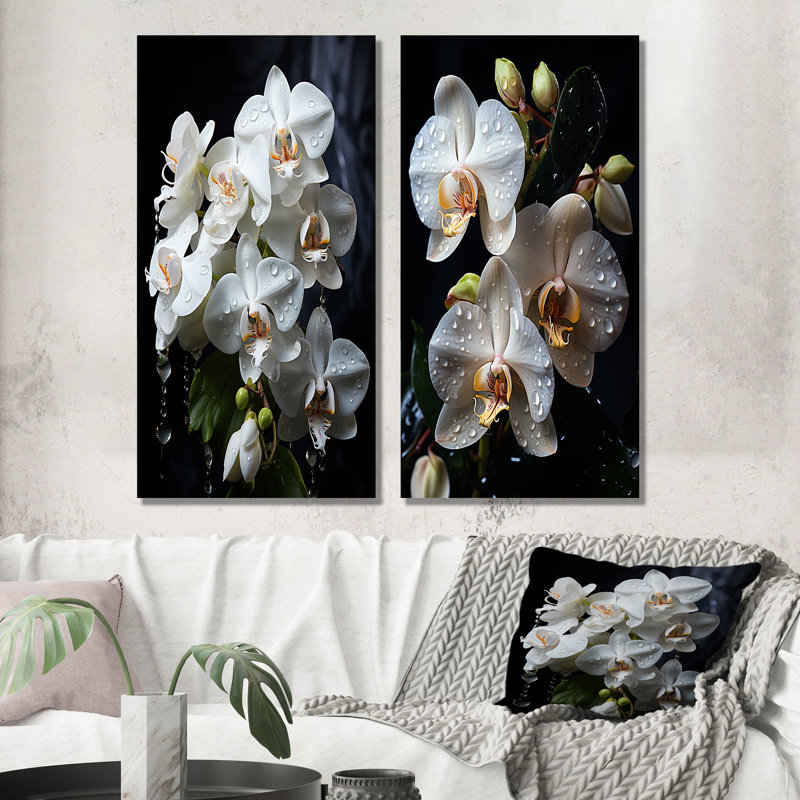«White Orchids Petals Of Elegance», ensemble de 2 reproductions d'art sur toile, H 28 po x l 25 po, Toile tendue