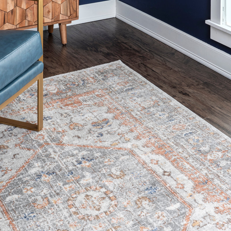 Torven Traditional Floral Power Loom Performance Silver Rug, Rectangle 12' x 15'