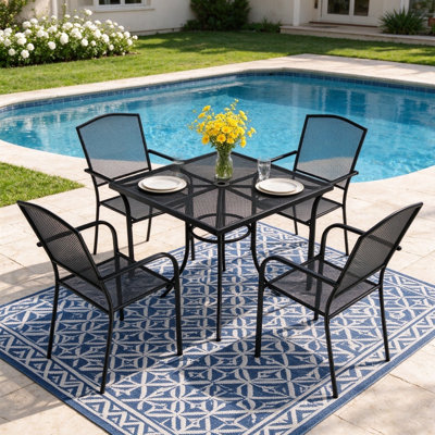 Takeyshia 5-Piece Patio Steel Mesh Outdoor Dining Set in Black（Limited Time Free Umbrella）