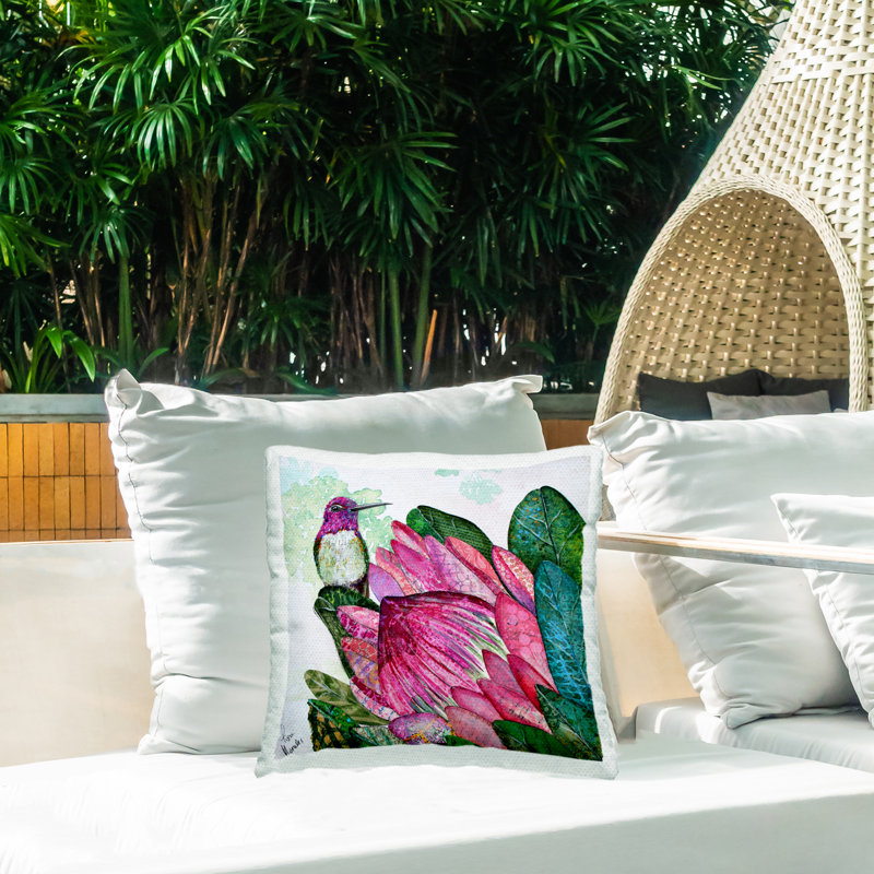 Hummingbird And Protea Outdoor Printed Pillow design by Lisa Morales, Green/Pink Hummingbird