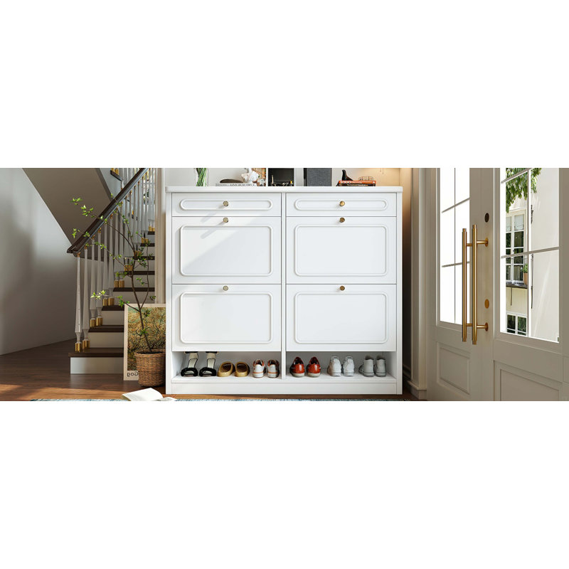 Wooden Shoe Cabinet With 4 Flip Drawers,Shoes Rack Cabinet With 2 Storage Drawers,Classified Storage And Farmhouse Style