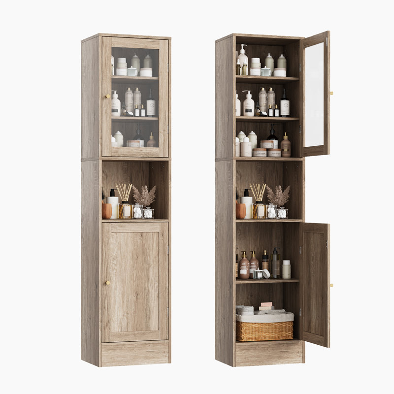  Armoire de rangement de 67 po de hauteur pour salle de bain, armoire autoportante étroite avec portes et tablettes réglables, bois d'ingénierie, grain de bois gris