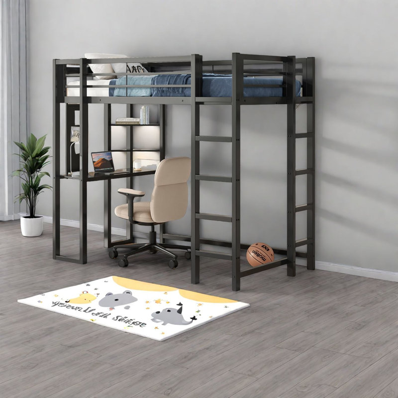 Lit mezzanine en métal peu encombrant, design moderne noir, avec bureau et rangement