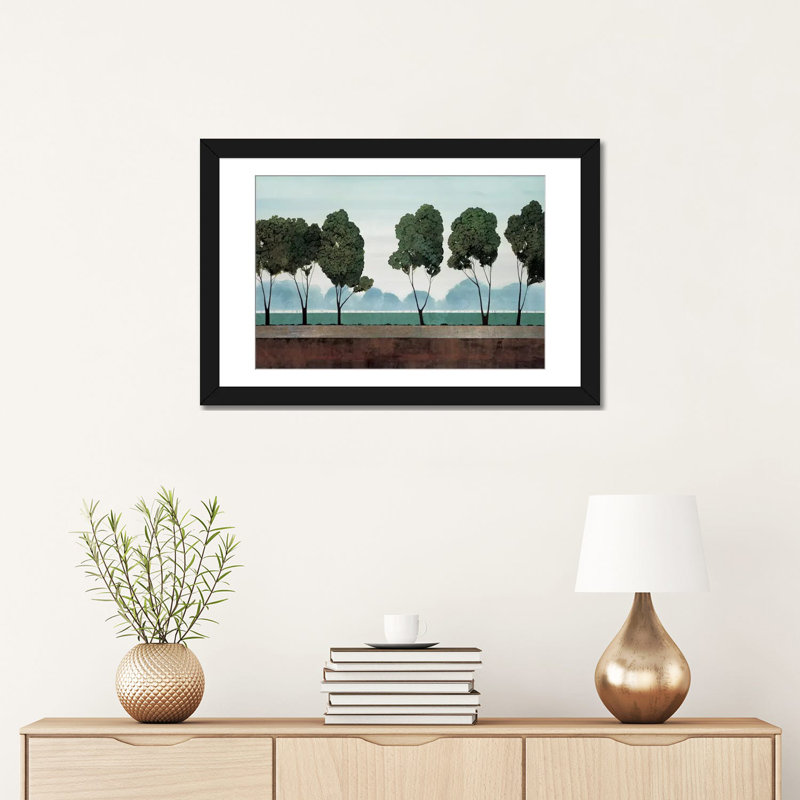 " Six Trees " by Robert Charon, 16" H x 24" W x 1" D, Black Framed Fine Art Paper, White