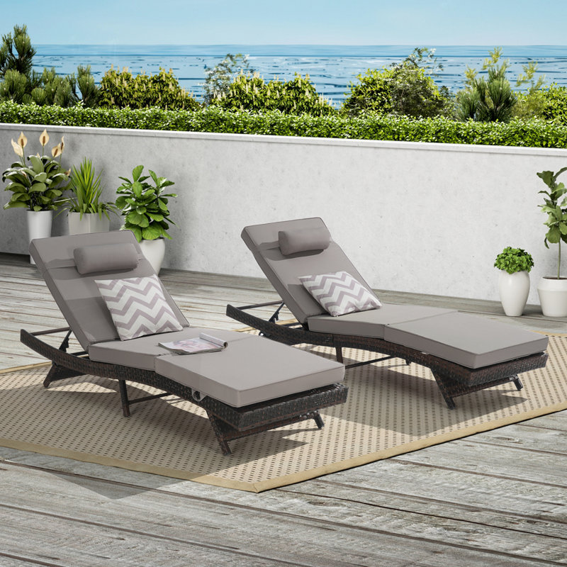 Outdoor Wicker Long Reclining  Lounge Chair Set of 2, Light Gray