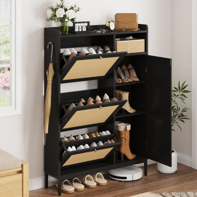 Armoire à chaussures en rotin avec 3 tiroirs rabattables et armoire de rangement à chaussures à 4 niveaux