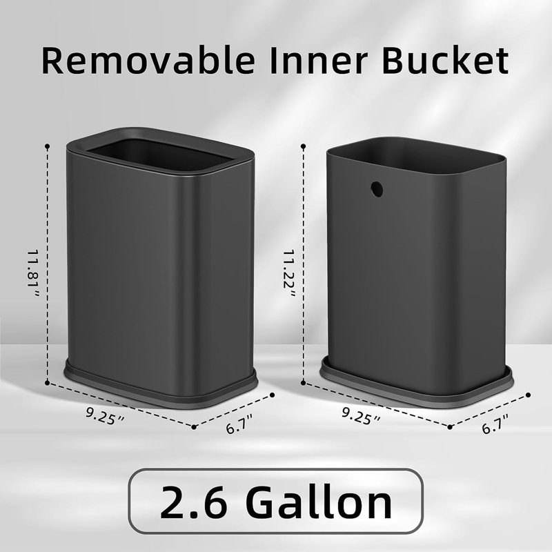 2.6 Gal Black Bathroom Trash Can,Metal Waste Baskets with Removable Inner Bucket