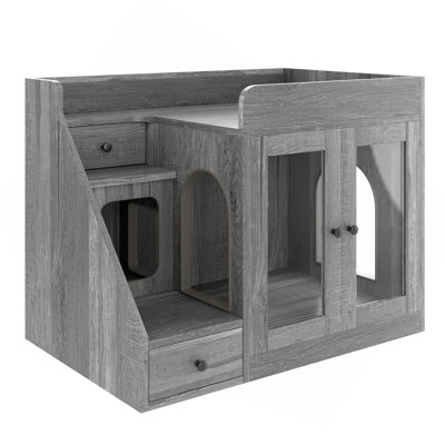 GO Cat Litter Box Enclosure With  Light , Hidden Litter Box Furniture With 2 Storage Drawers, Indoor Cat House Side Table For Living Room, Gray