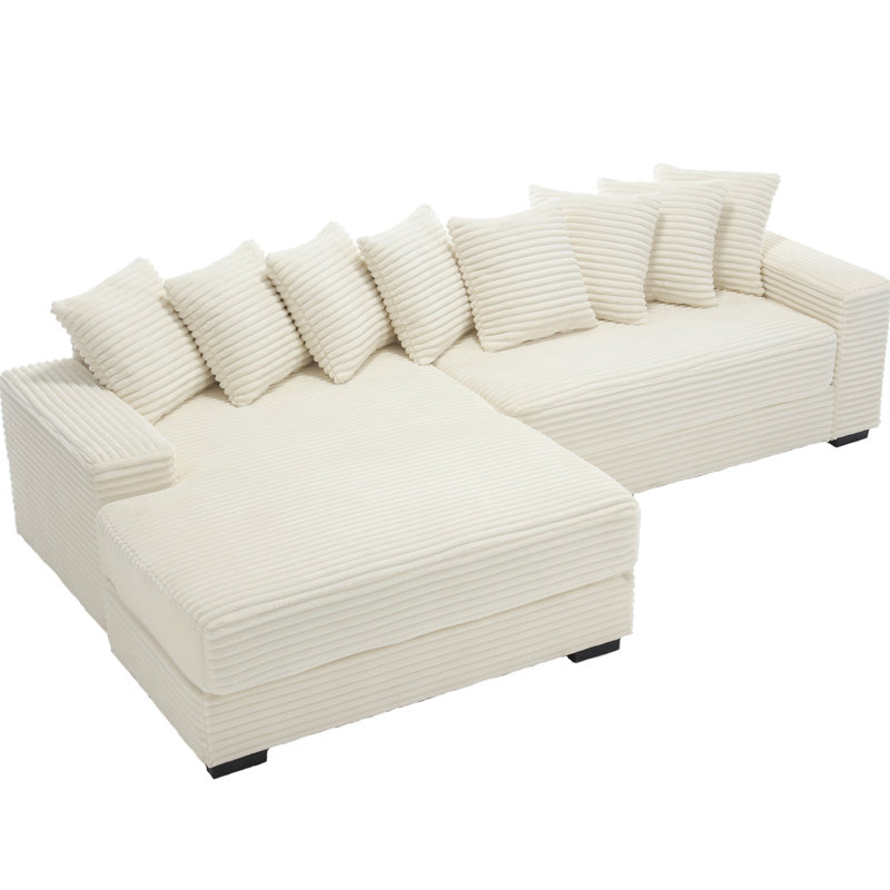 Velours côtelé en forme de L, deux surdimensionnés avec méridienne gauche, 8 coussins, agencement de couleurs beige, canapé à assemblage facile et zone de confort