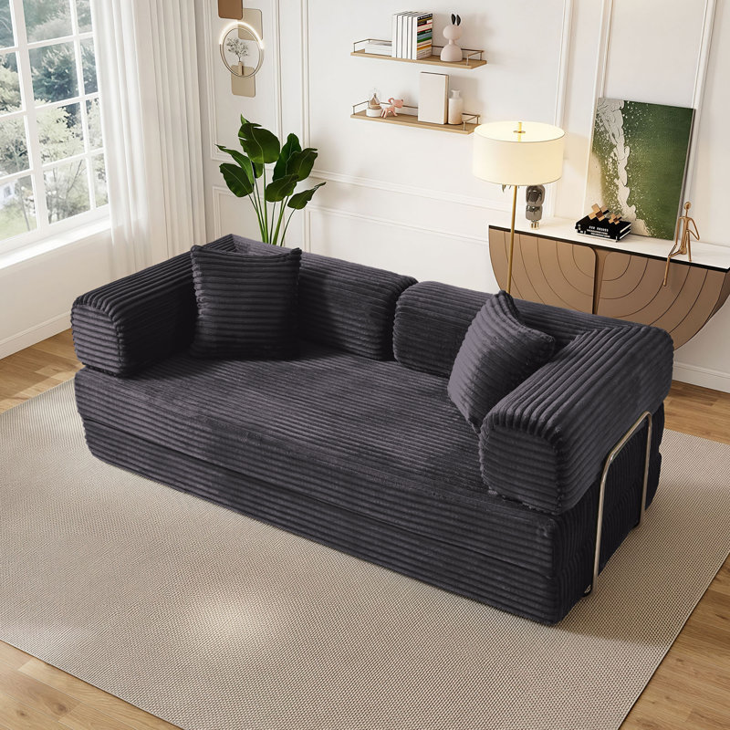 Addisin King-Size Foldable Sleeper Sofa Bed – Convertible Compression Mattress Couch with 2 Removable Bolster Armrests & 2 Pillows