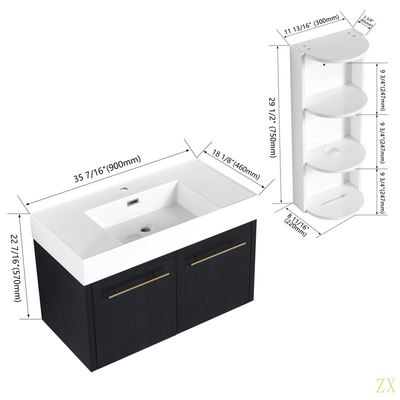 Meuble-lavabo mural 36 po avec lavabo et support de rangement, lavabo en résine à rebords épais, ensemble KD, 35"