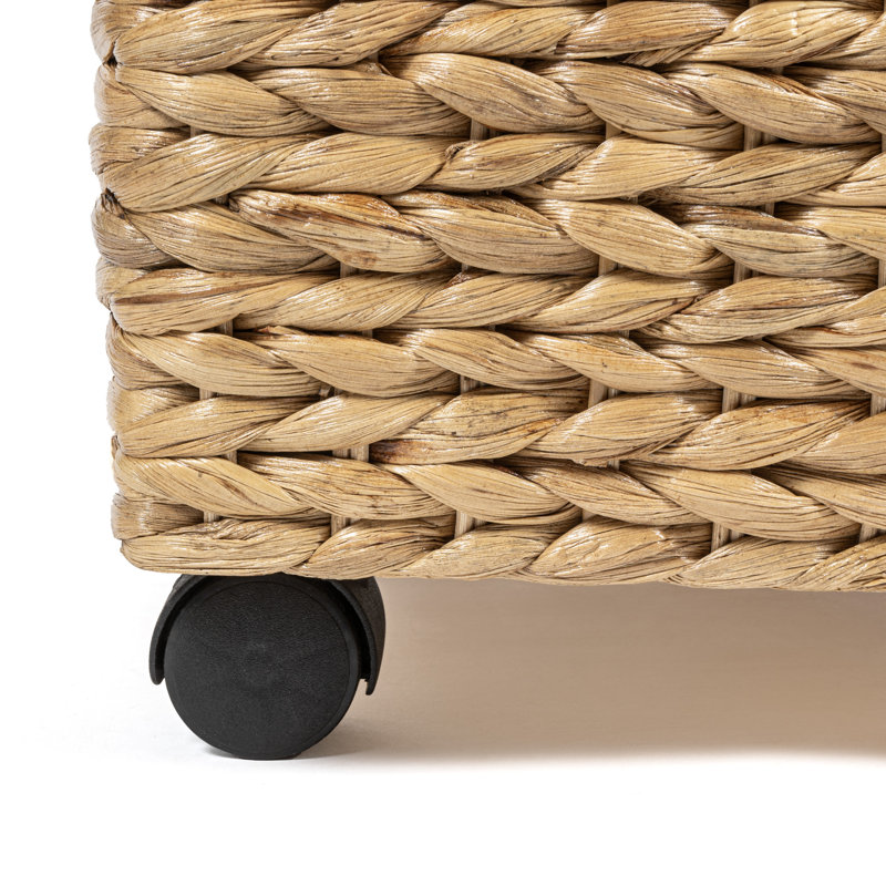 Chett 26.38" Minimalist Hand-Woven Hyacinth/Wood Underbed Storage Bin with Wheels and Handles, Natural