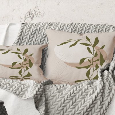 Carré, abstrait soleil et lune avec feuille verte III - Coussin décoratif imprimé moderne