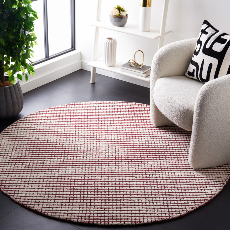 Handmade Red and Ivory Abstract Wool Round Rug, 6'