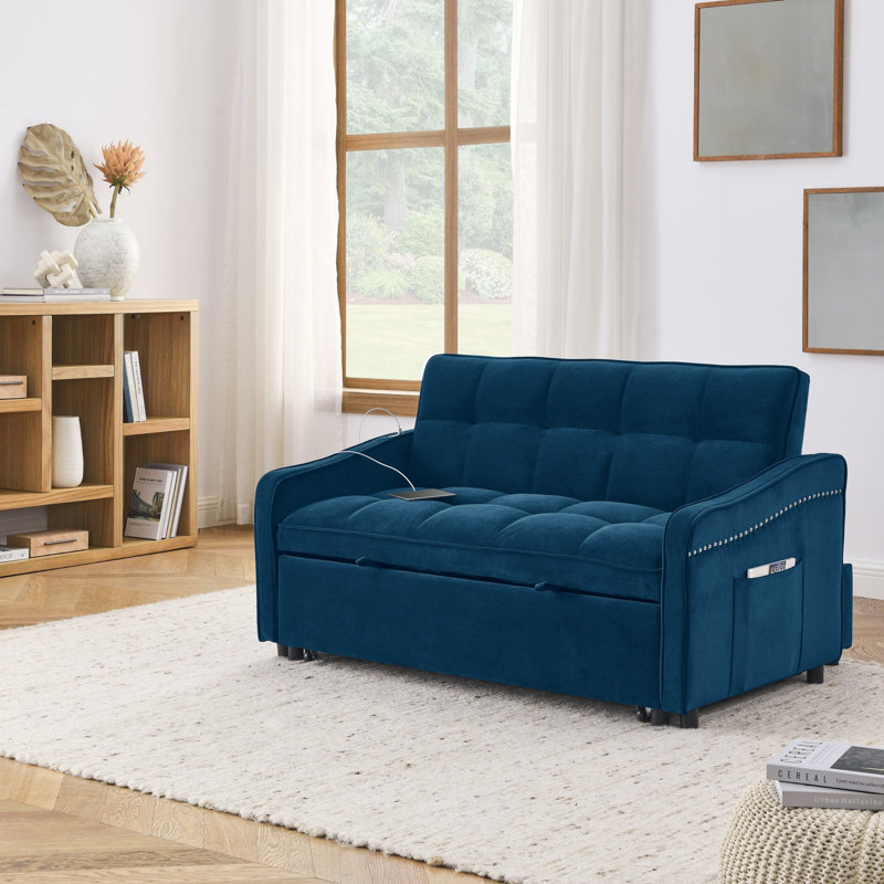 Canapé convertible moderne avec lit escamotable, Velours bleu