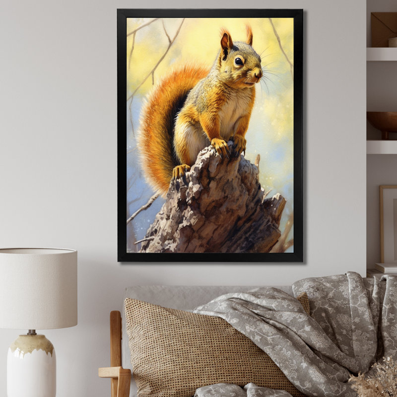 Écureuil vif sur toile, H 40 po x l 30 po x P 1,5 po, Cadre simple noir